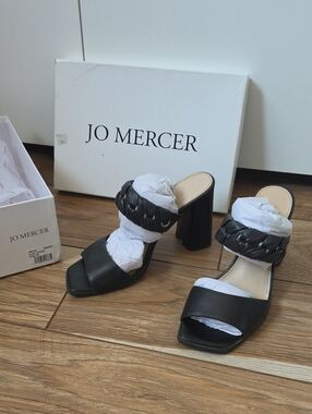 Jo Mercer Leather AMELIA Black Braided Strap Block Heel Mules Sandals 39 Size